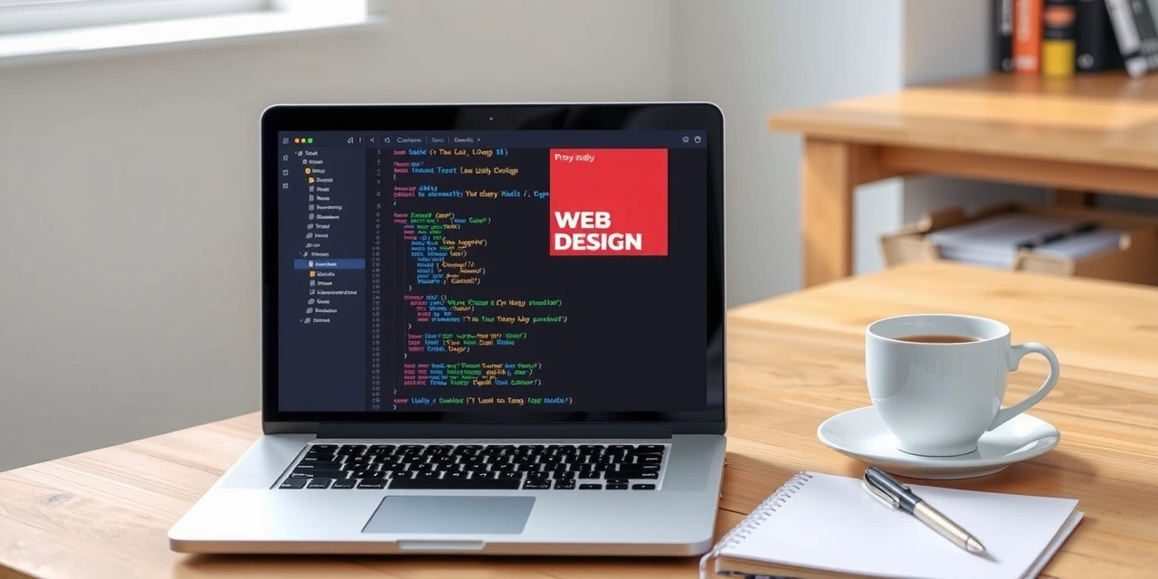 Un spațiu de lucru modern cu un laptop deschis afișând cod și elemente de design, o ceașcă de cafea și un caiet.