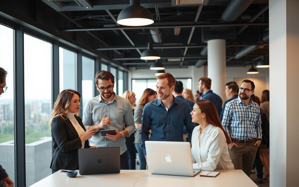 Diverse professionals collaborating in a modern office environment