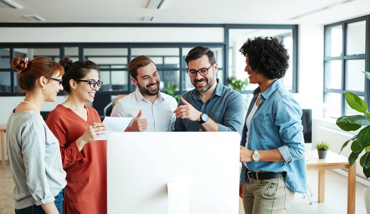 Echipa Cleanverse colaborând într-un birou modern, plin de energie creativă