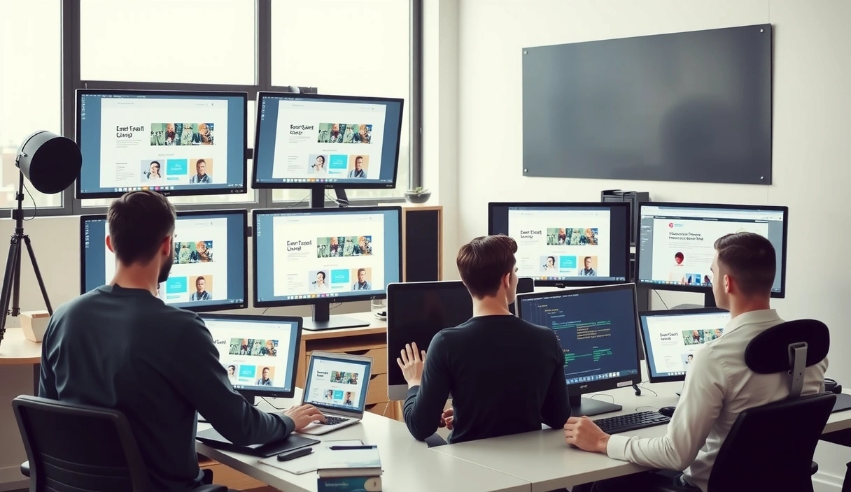 Creative web design studio workspace with multiple screens and collaborative environment